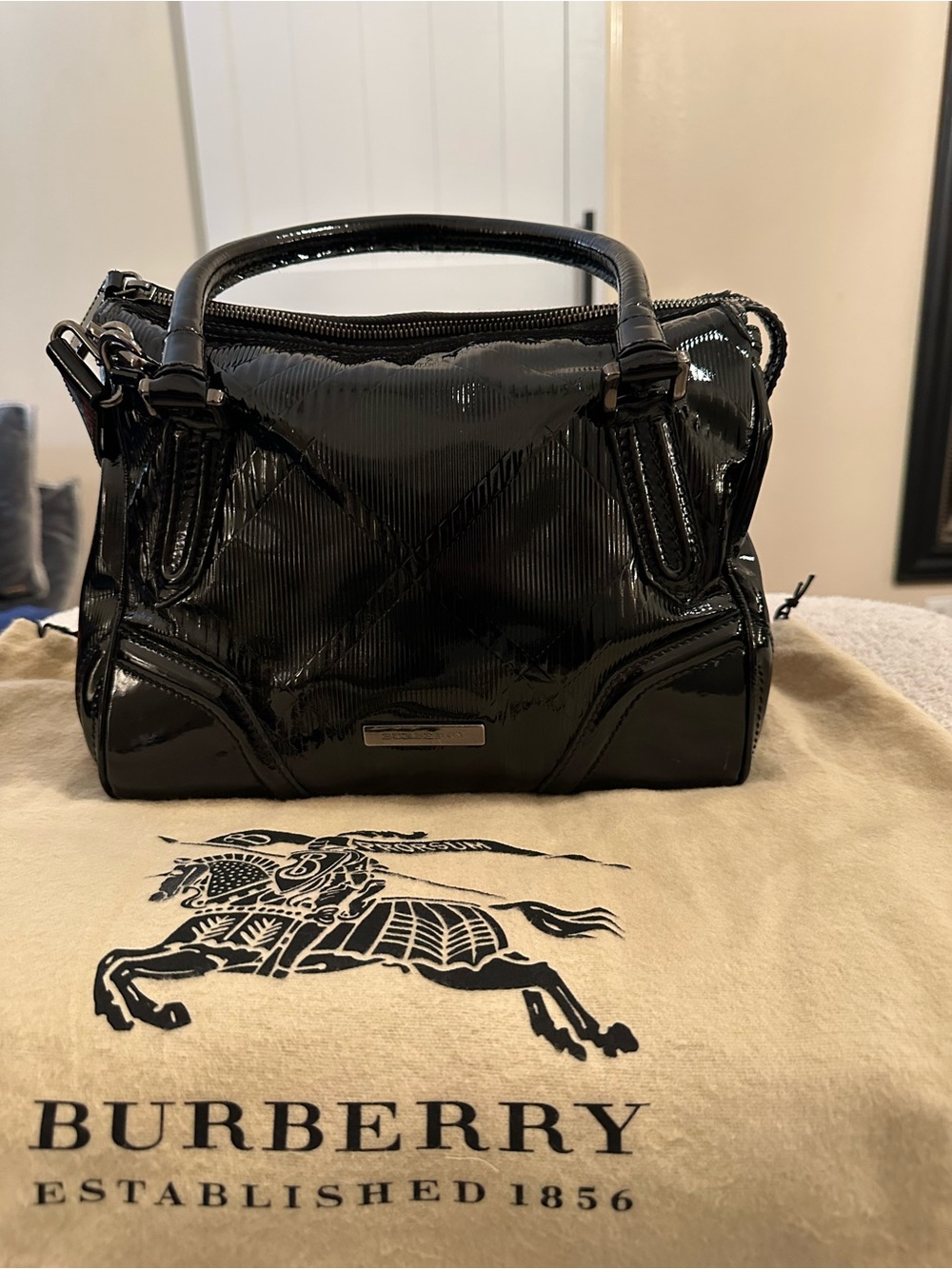 Vintage Burberry Embossed Black Patent Bowling Bag